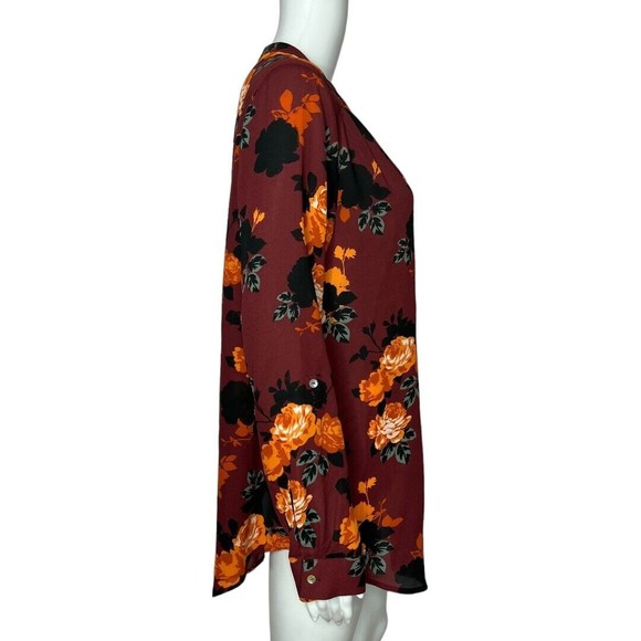 ModCloth Popover Blouse Red Orange Floral Long Sleeve Half Button - Picture 2 of 6
